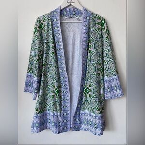 Isaac Mizrahi Live Open Cardigan Soft Green Medallion Pattern With Lavender Trim